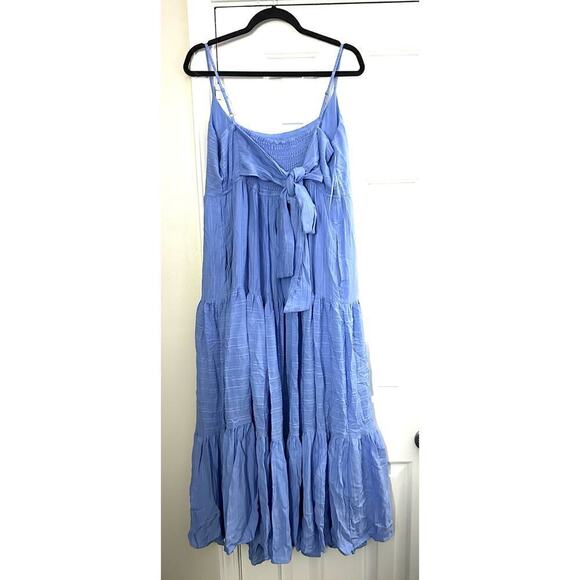 HAUTE HIPPIE Blue Boho Contrast Stitching Midi-Maxi Smocked Tie Dress XL NWOT - Picture 3 of 4
